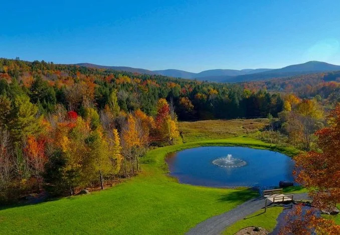 A serene pond surrounded by lush trees and mountains, showcasing the beauty of the Catskill Watershed Corporation area