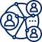 A blue icon representing community engagement services, featuring silhouettes of people interconnected.