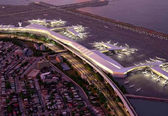 Aerial view of LaGuardia airport showcasing multiple planes parked on the runway, highlighting the busy aviation hub.