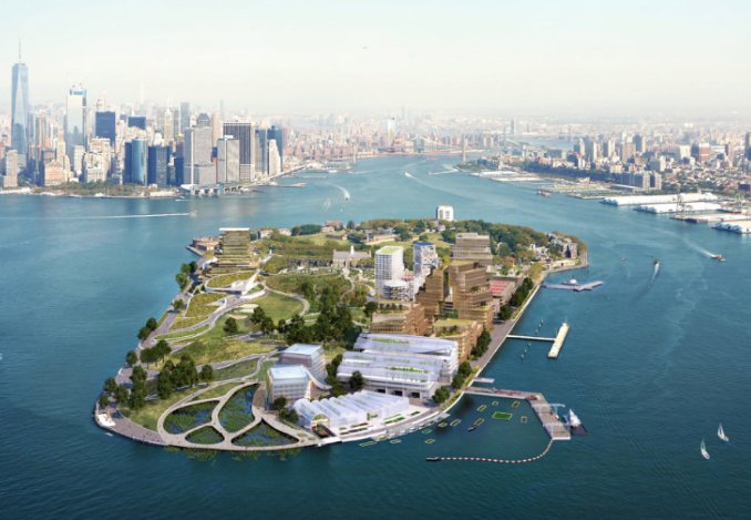 Aerial view of a developed Governors Island with greenery, buildings, and pathways surrounded by water, with the skyline of New York City in the background.