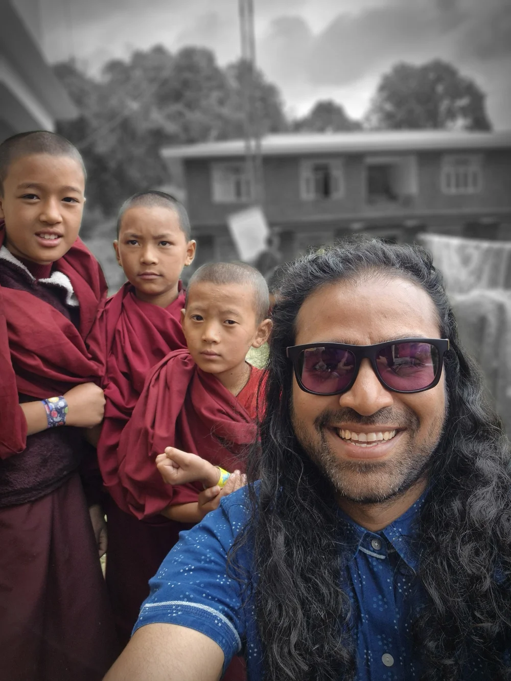 Ashvin with young monks in Sikkim
