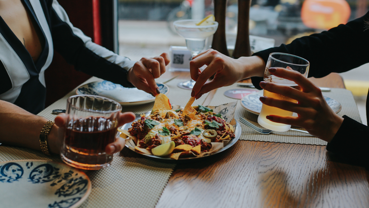 A loaded plate of nachos