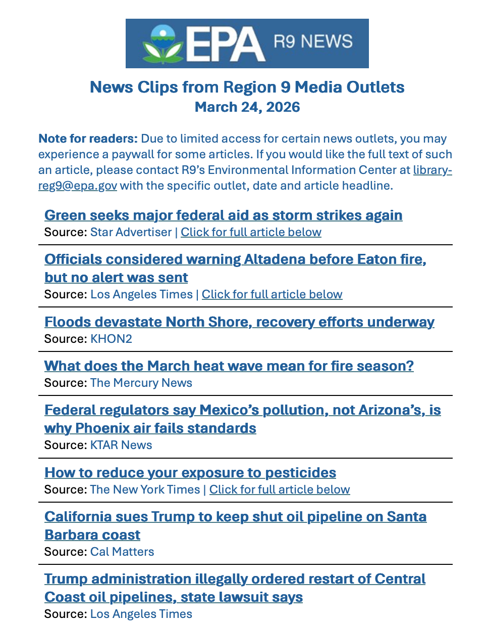 EPA Region 9 News Clips daily product
