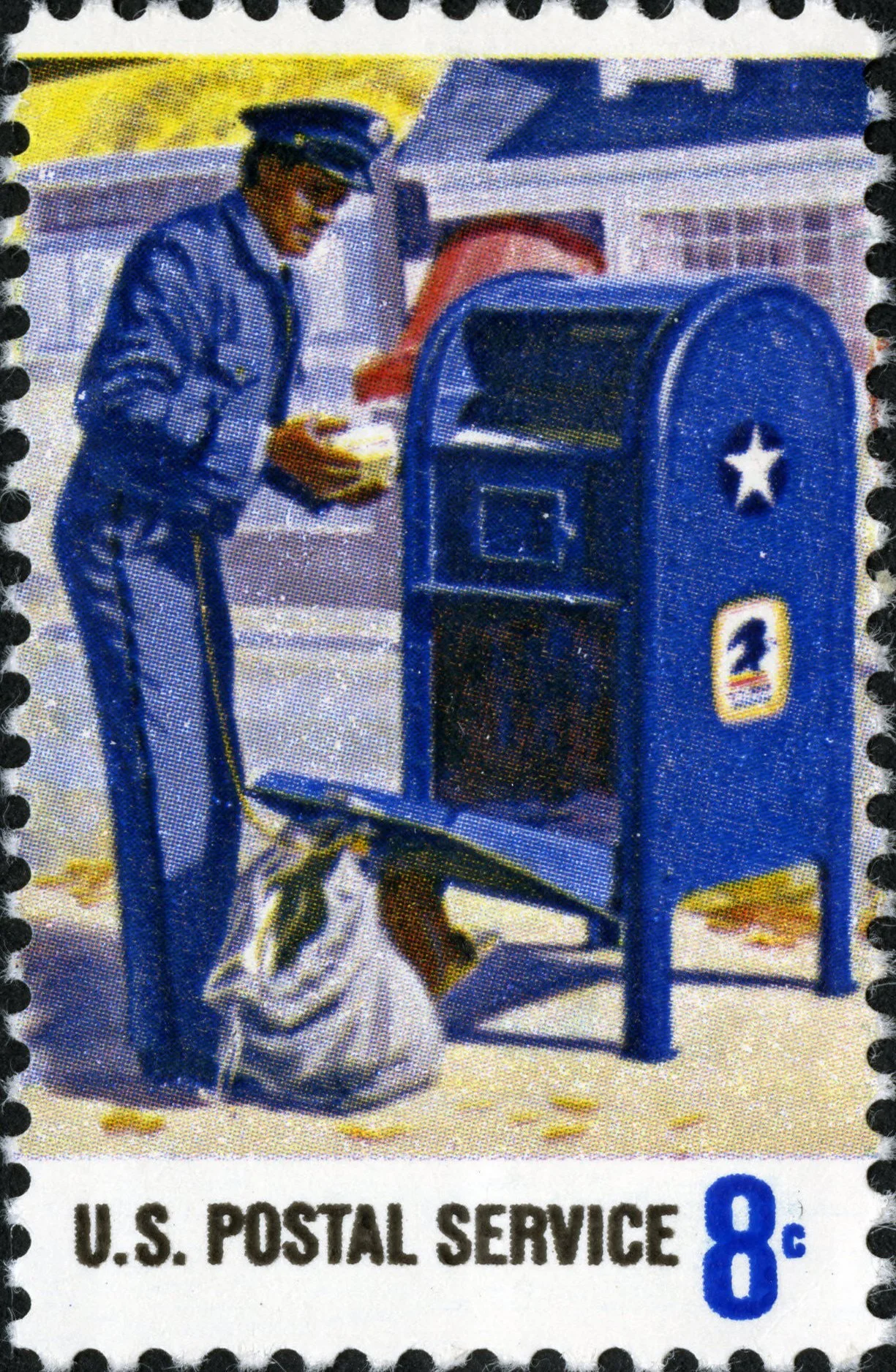 A vintage postage stamp showing a letter carrier getting mail from a blue mailbox