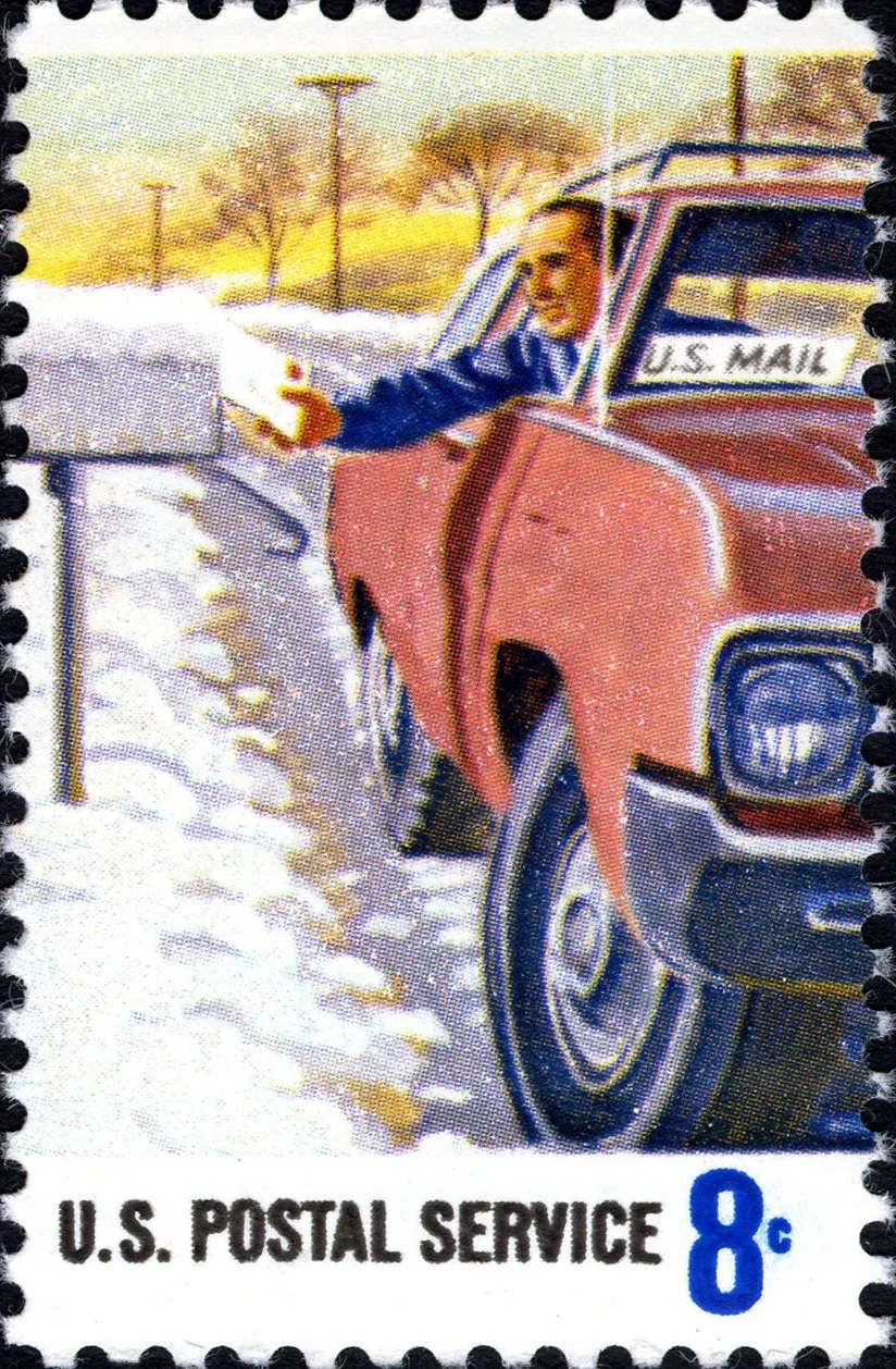 A vintage postage stamp showing a a person picking up mail from their mailbox