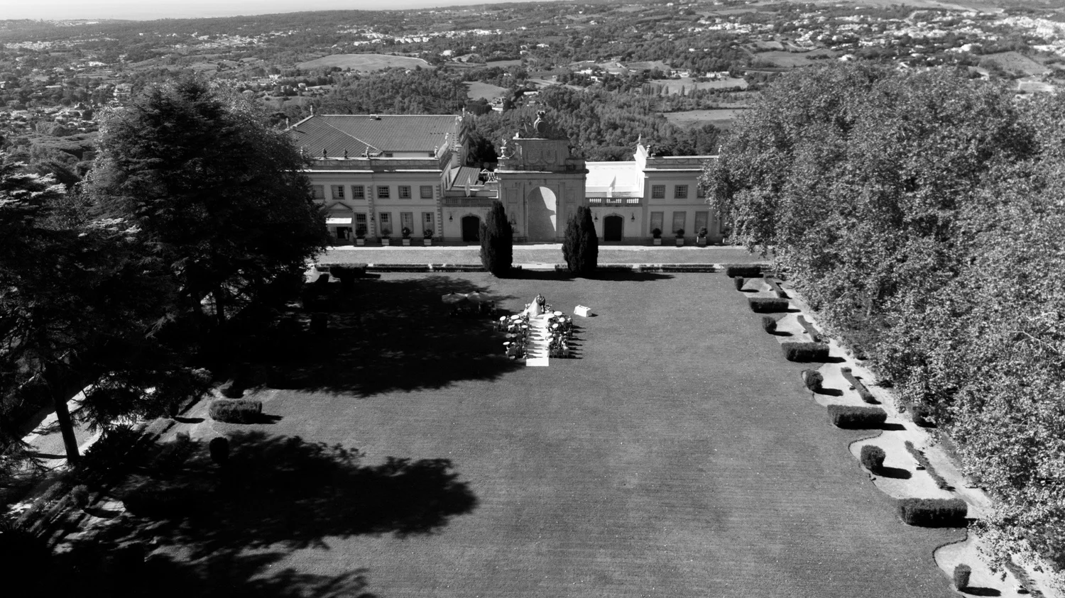 Black-and-white aerial view of the palace and gardens at Seteais