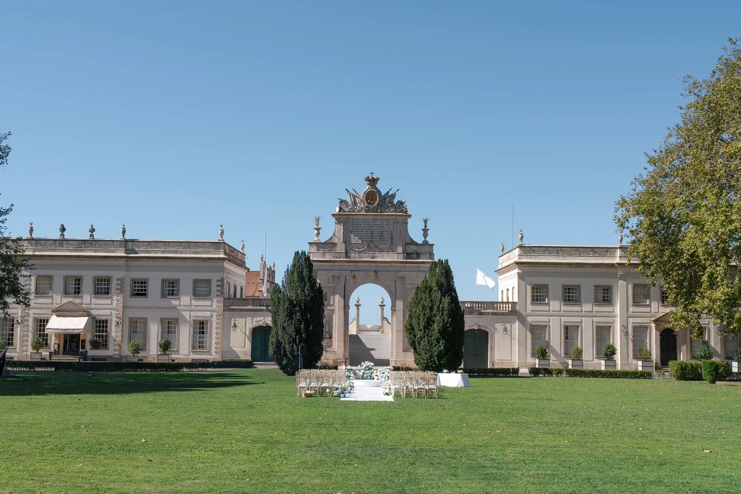 Wedding ceremony setting on the lawn at Palácio de Seteais