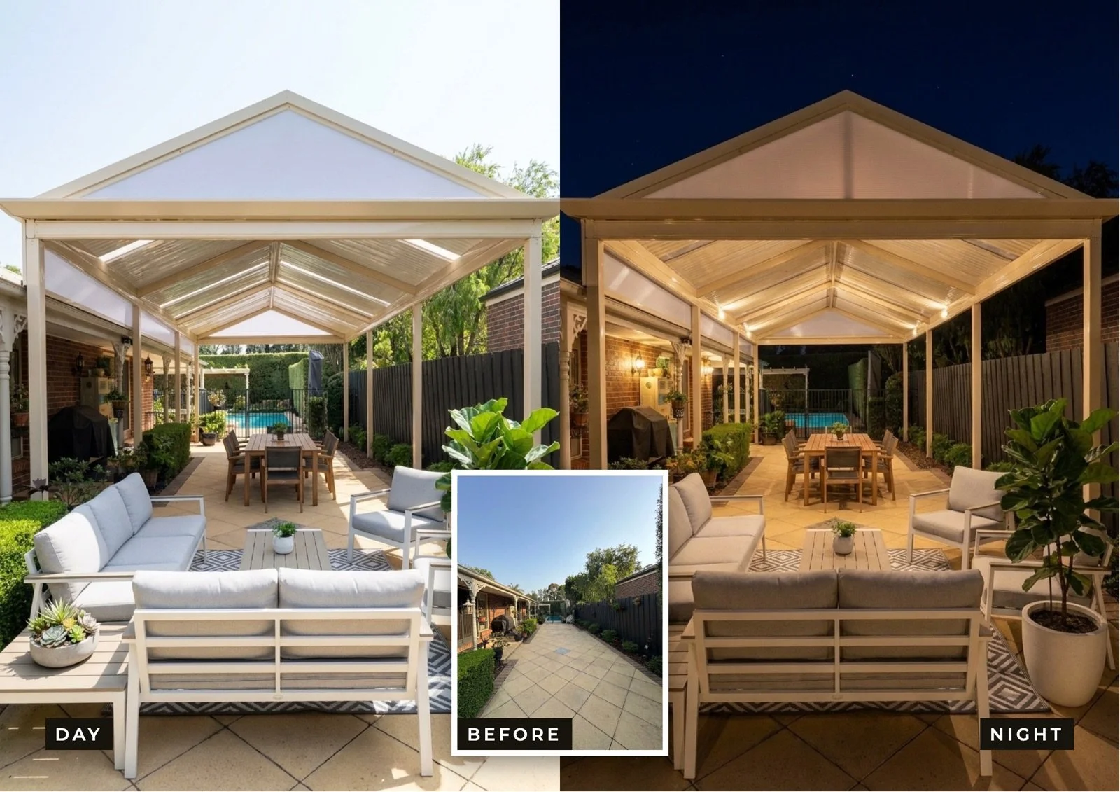 Veranda and outdoor room installation in Melbourne — before, day and night