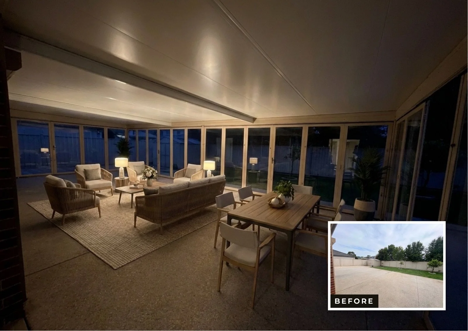 Veranda and outdoor room installed at 18 Riverglen St Berwick — before, day and night