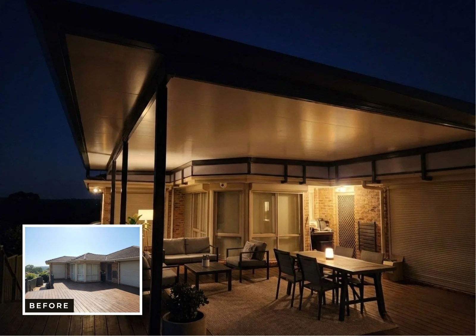 Veranda and outdoor room installation in Melbourne — before, day and night