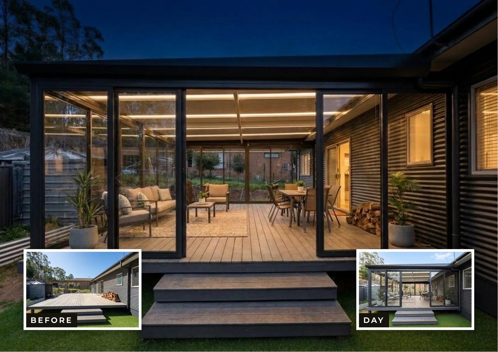Veranda and outdoor room installation in Melbourne — before, day and night
