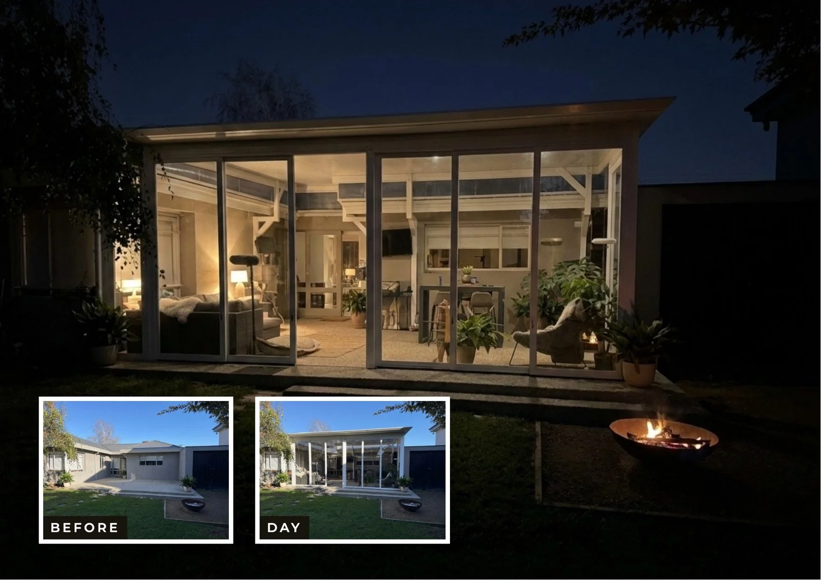 Veranda and outdoor room installation in Melbourne — before, day and night