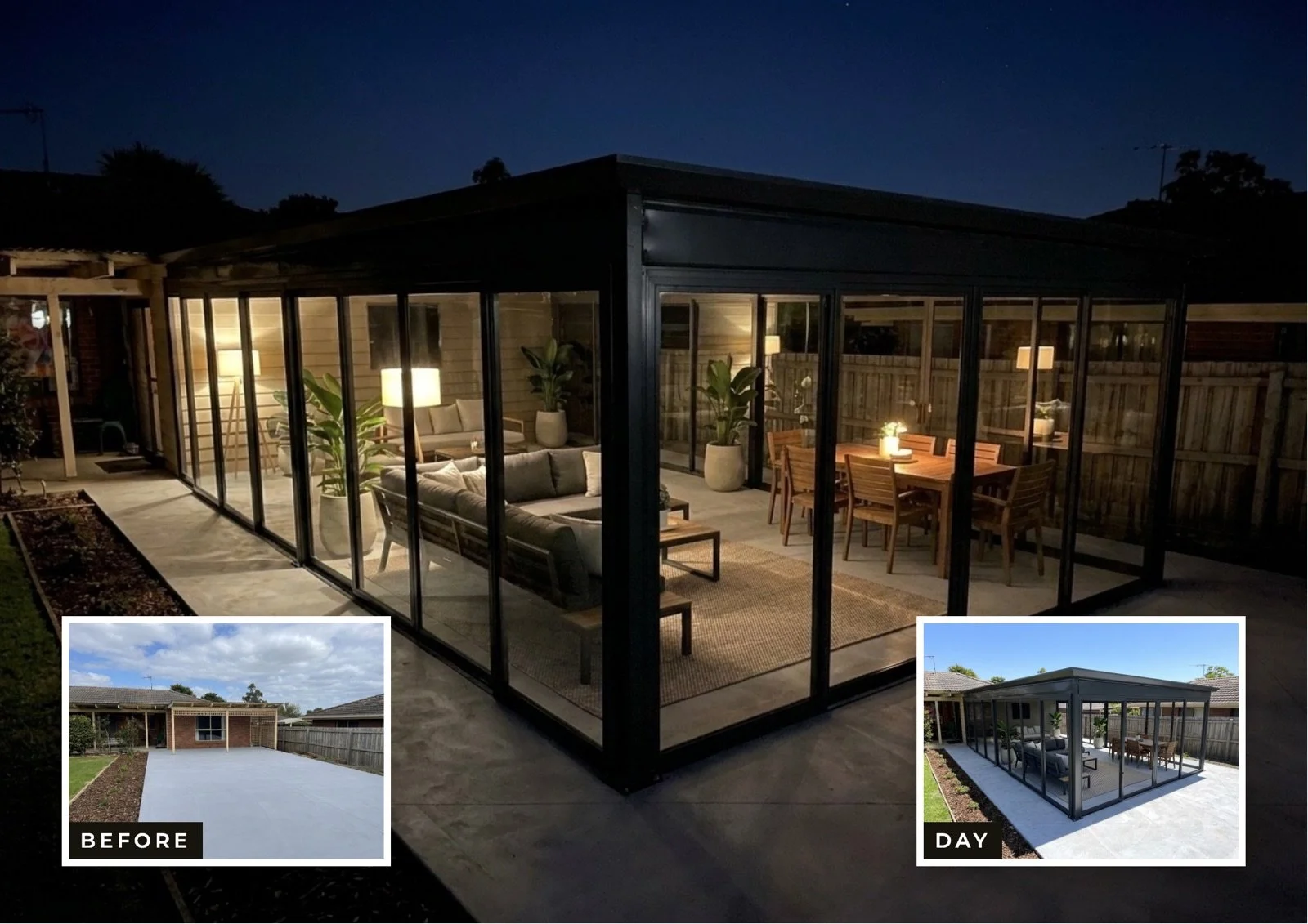 Veranda and outdoor room installed at 10 Kevis St Garfield — before, day and night