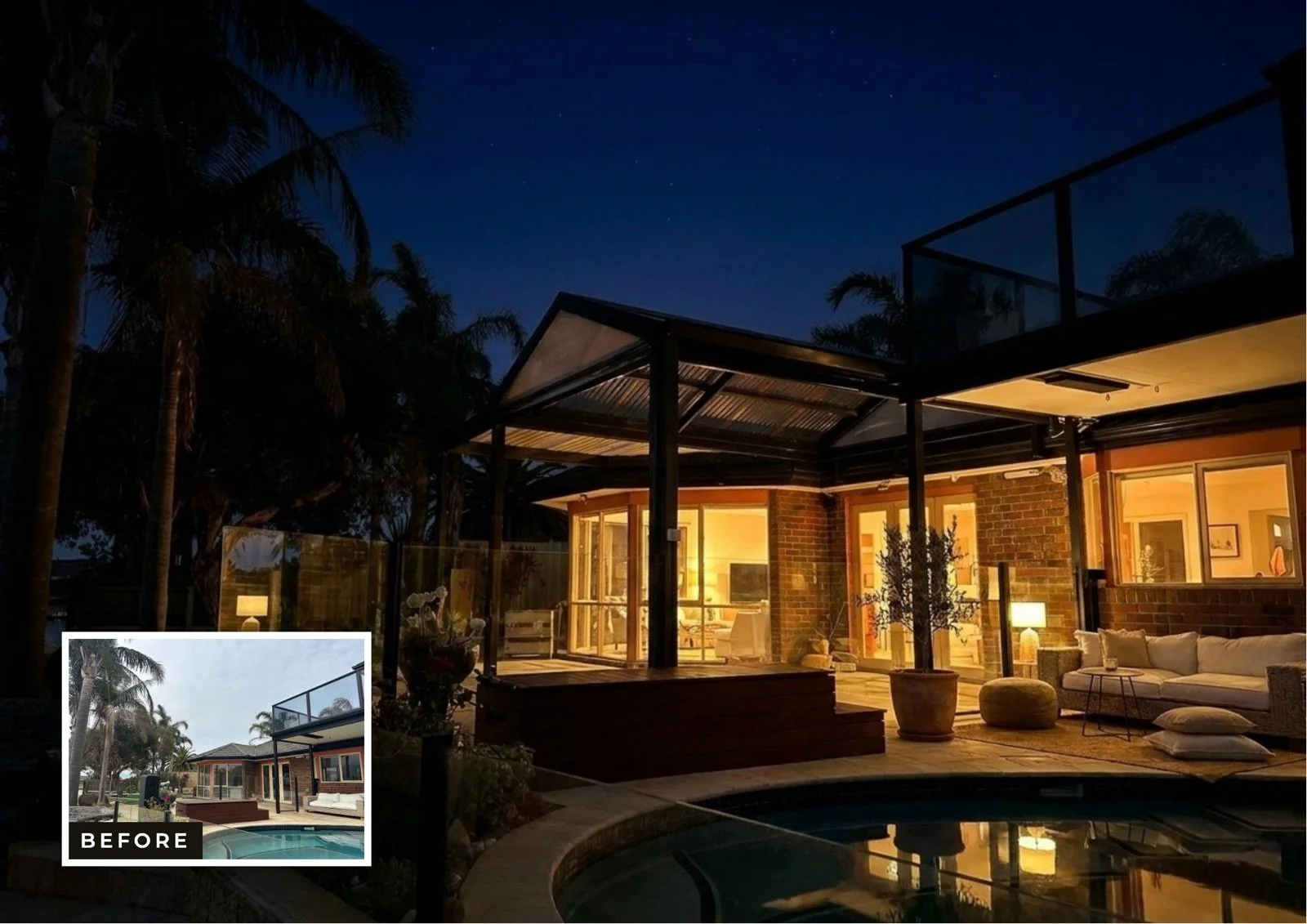 Veranda and outdoor room installation in Melbourne — before, day and night