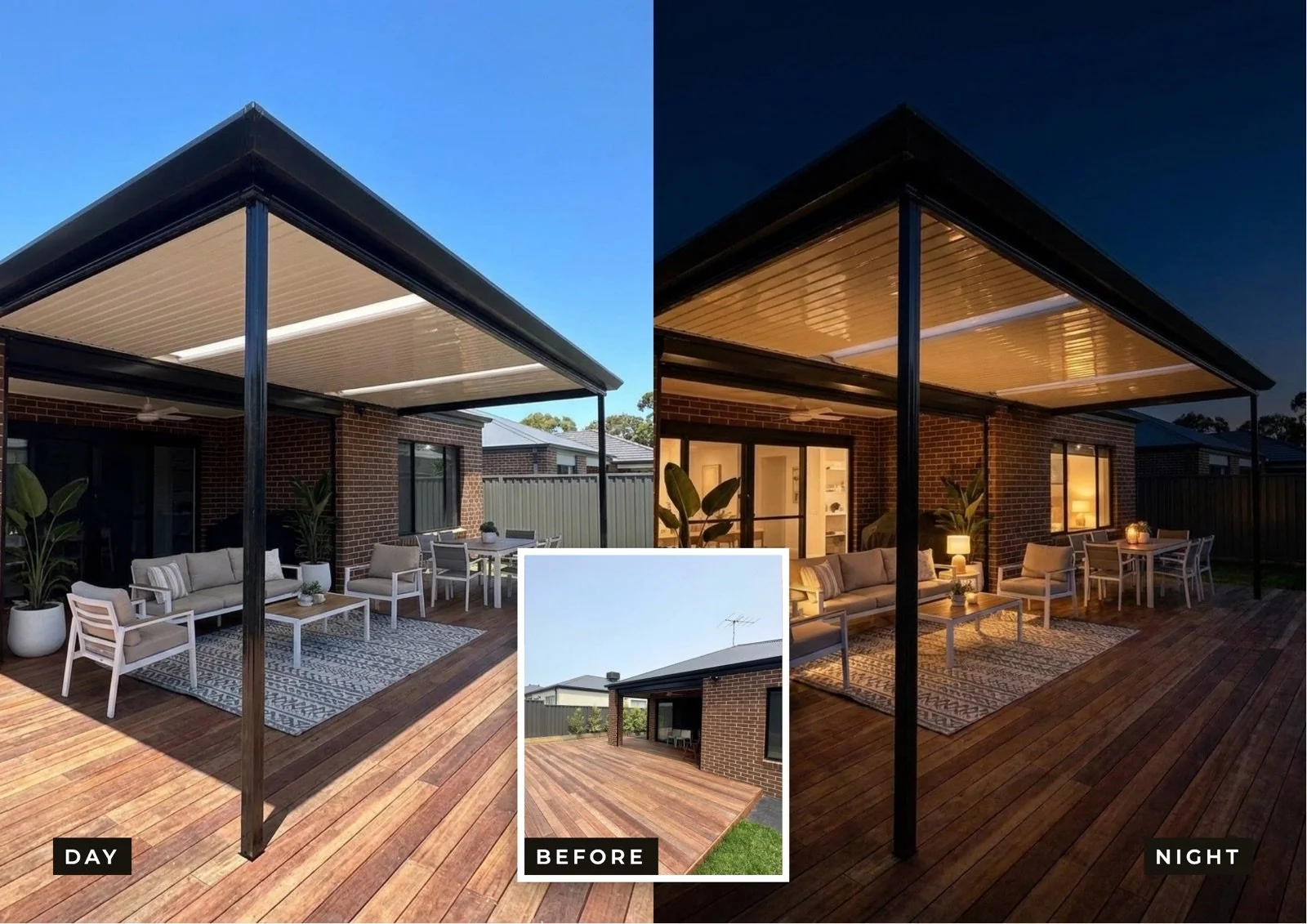 Veranda and outdoor room installation in Melbourne — before, day and night