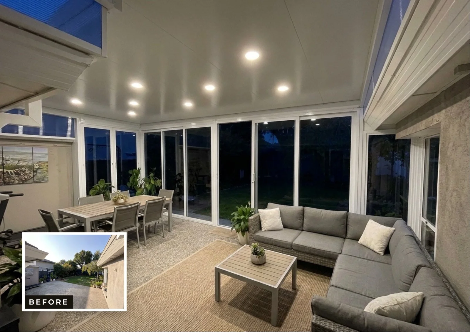 Veranda and outdoor room installation in Melbourne — before, day and night