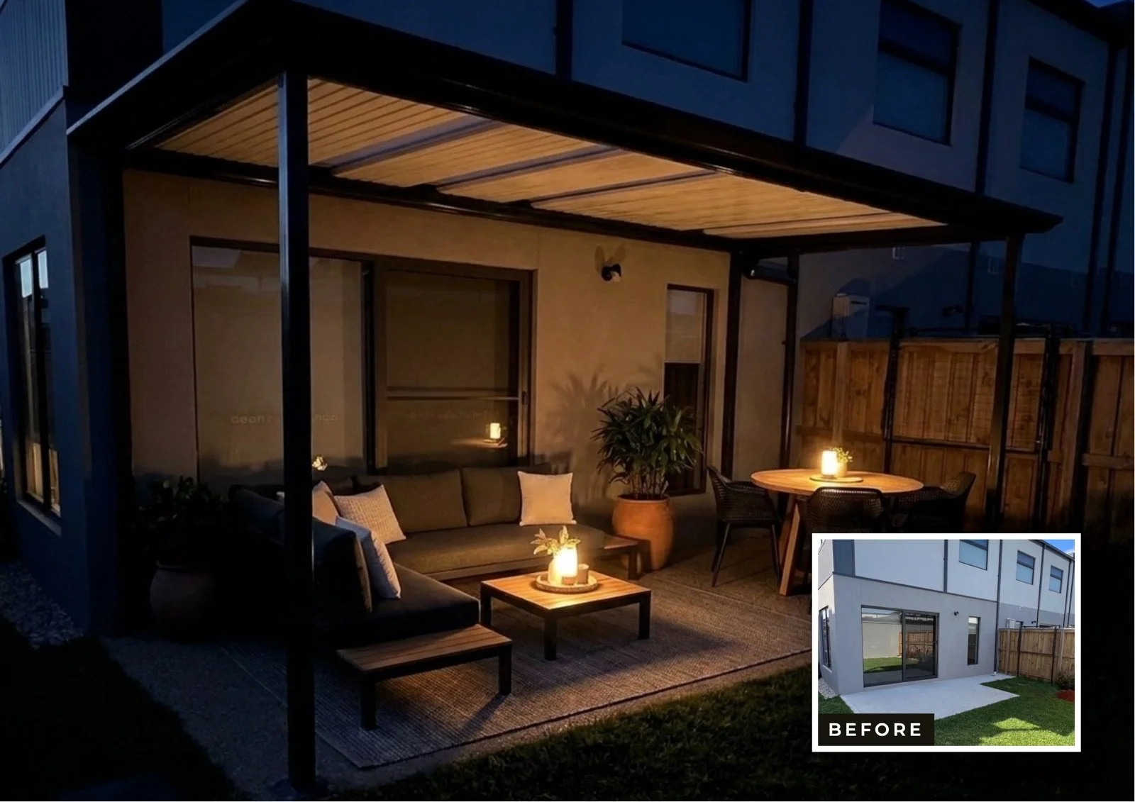 Veranda and outdoor room installation in Melbourne — before, day and night