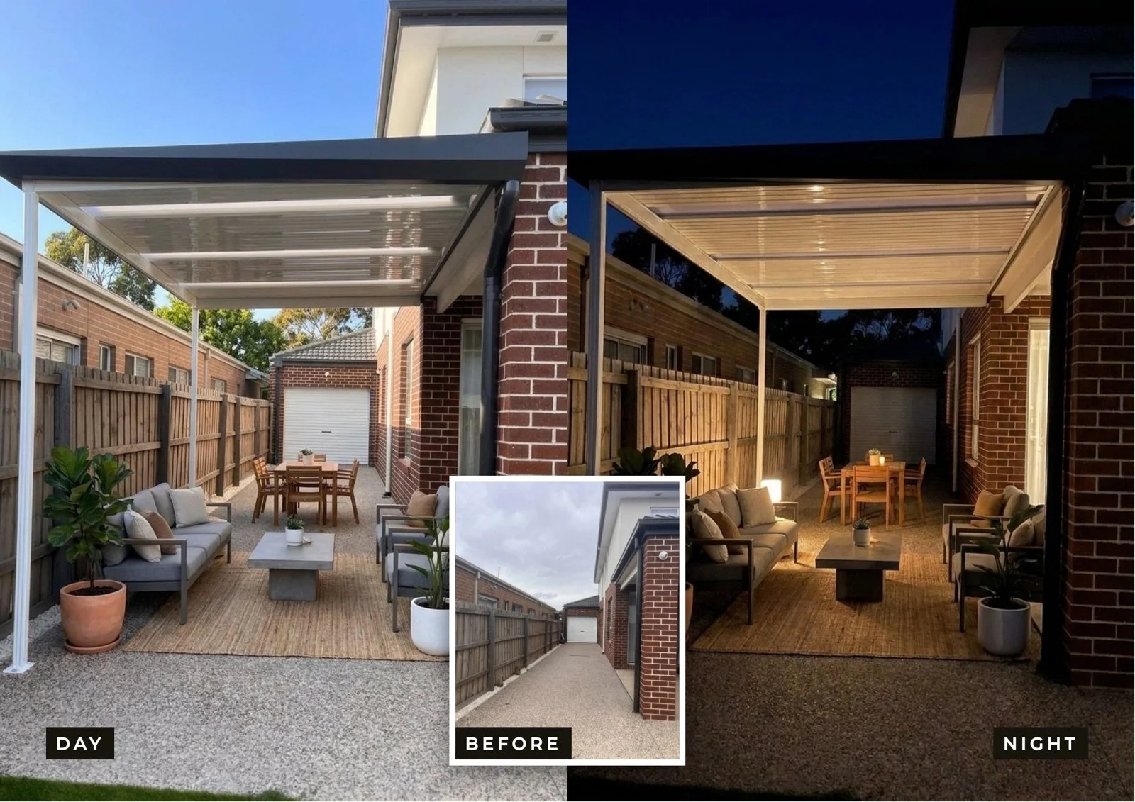 Veranda and outdoor room installation in Melbourne — before, day and night