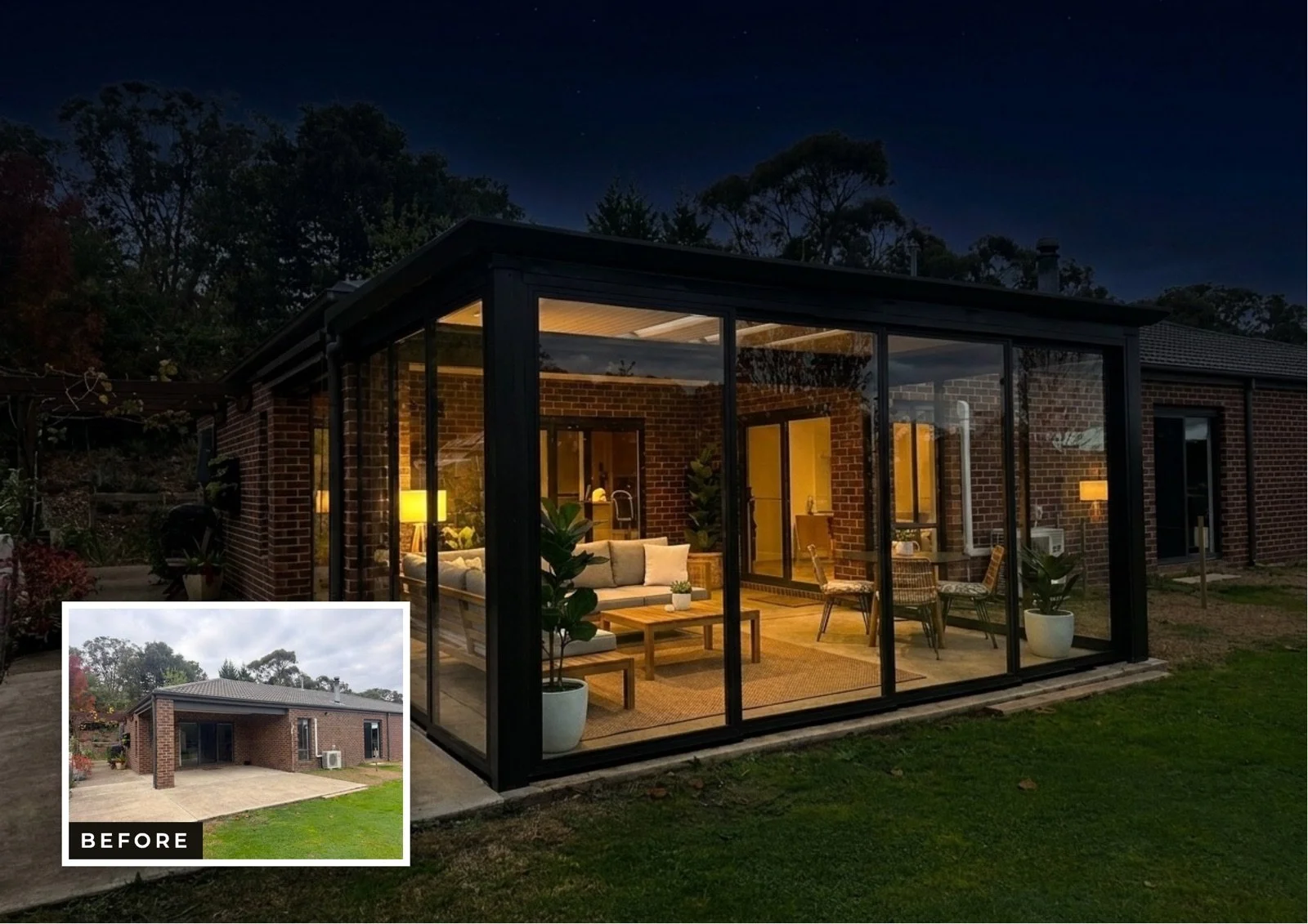 Veranda and outdoor room installed at 59 Wombat Ave Heathcote Junction — before, day and night