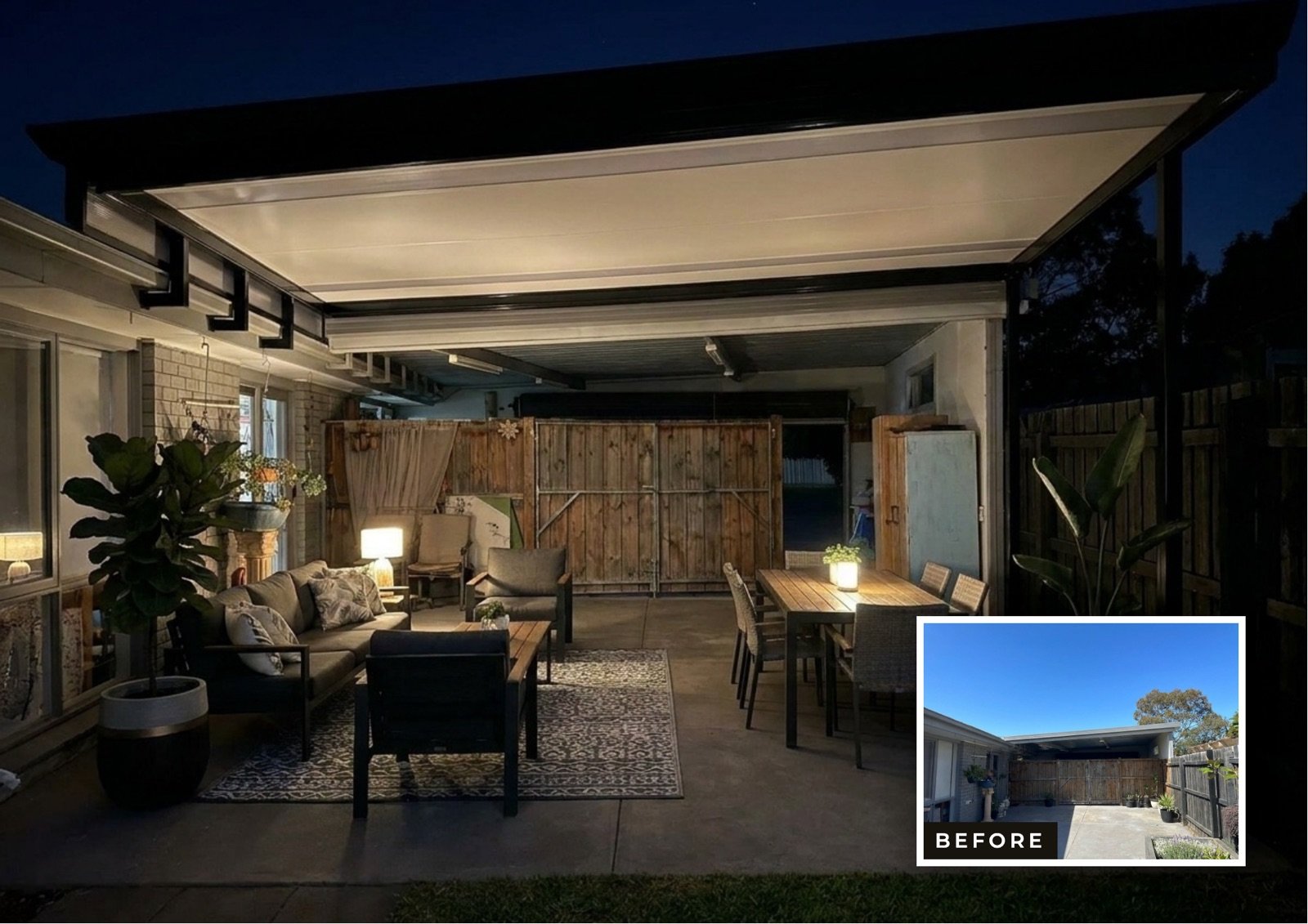 Veranda and outdoor room installation in Melbourne — before, day and night