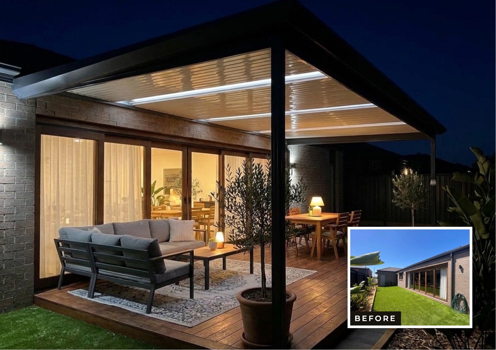 Veranda and outdoor room installation in Melbourne — before, day and night