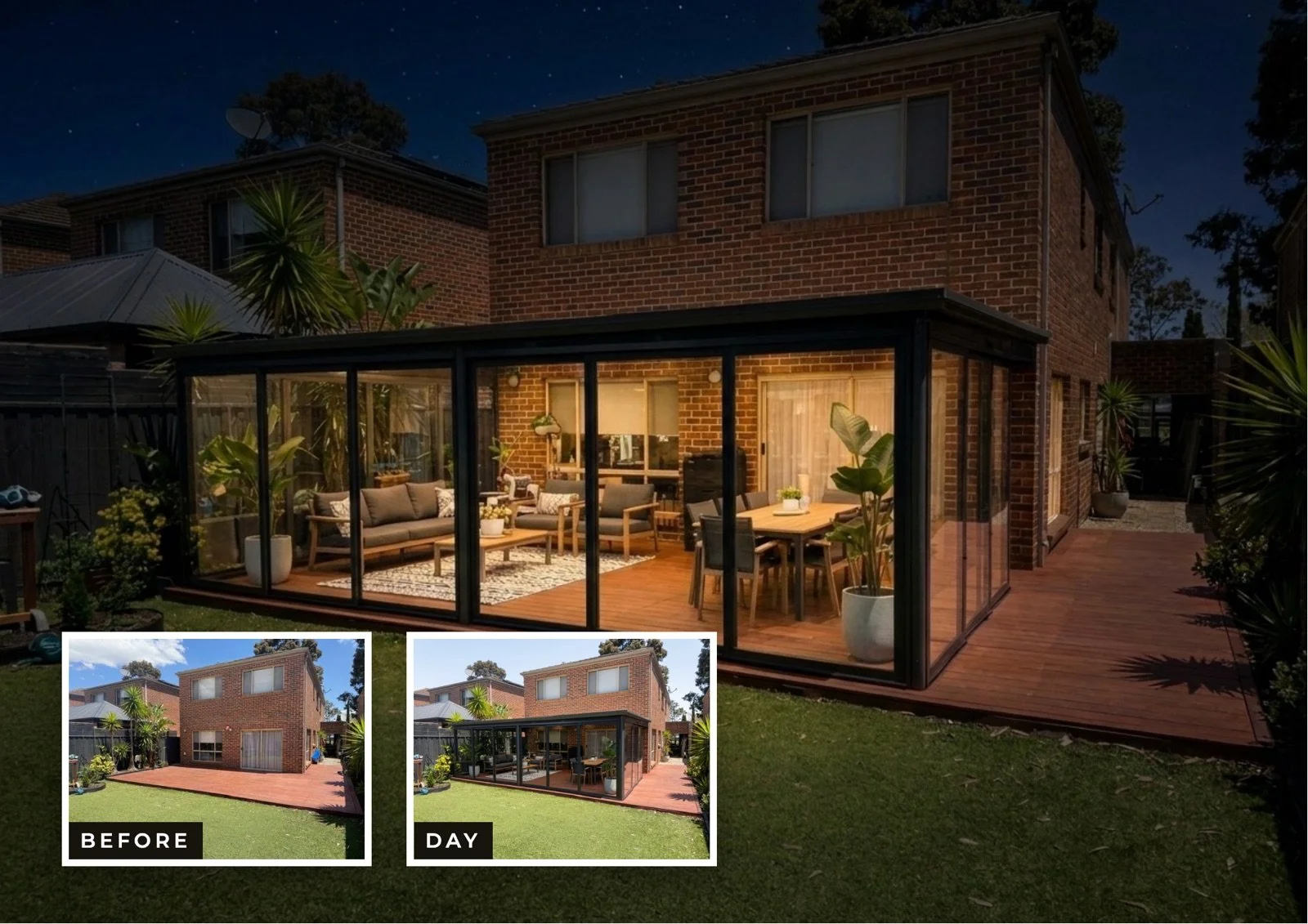 Veranda and outdoor room installation in Melbourne — before, day and night