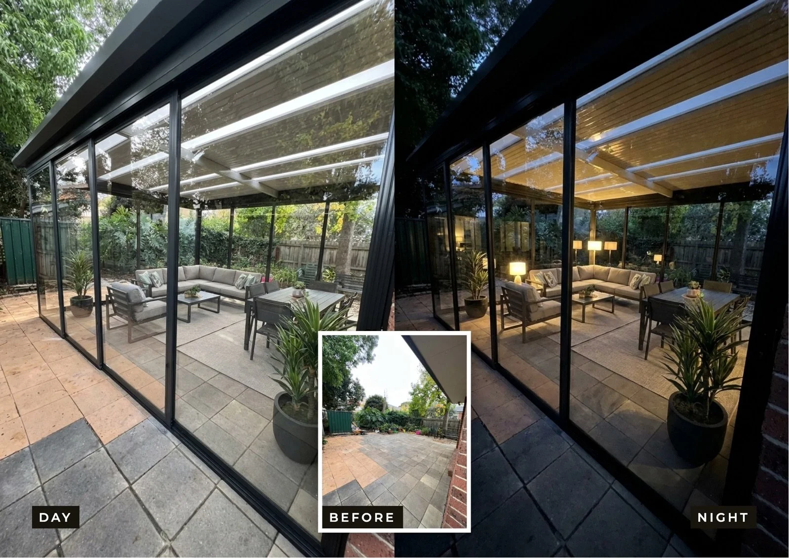 Veranda and outdoor room installed at 9 Repton Rd Malvern East — before, day and night