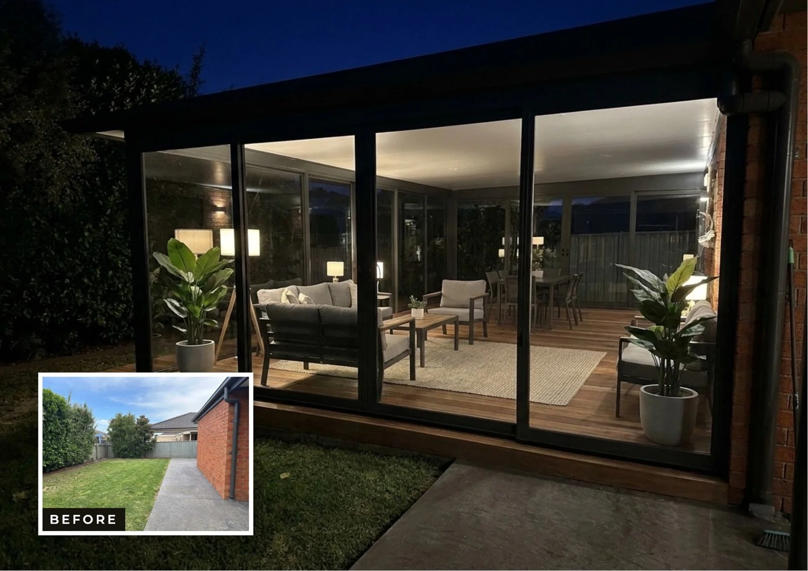 Veranda and outdoor room installation in Melbourne — before, day and night
