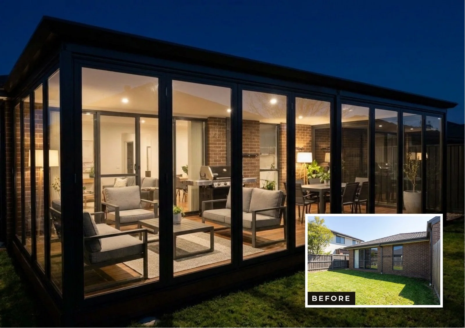 Veranda and outdoor room installation in Melbourne — before, day and night