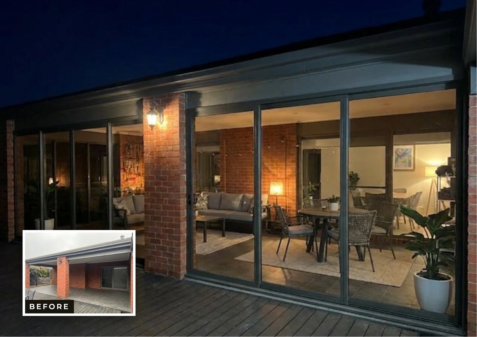 Veranda and outdoor room installed at 43 Morand St Gisborne (Enclosure) — before, day and night