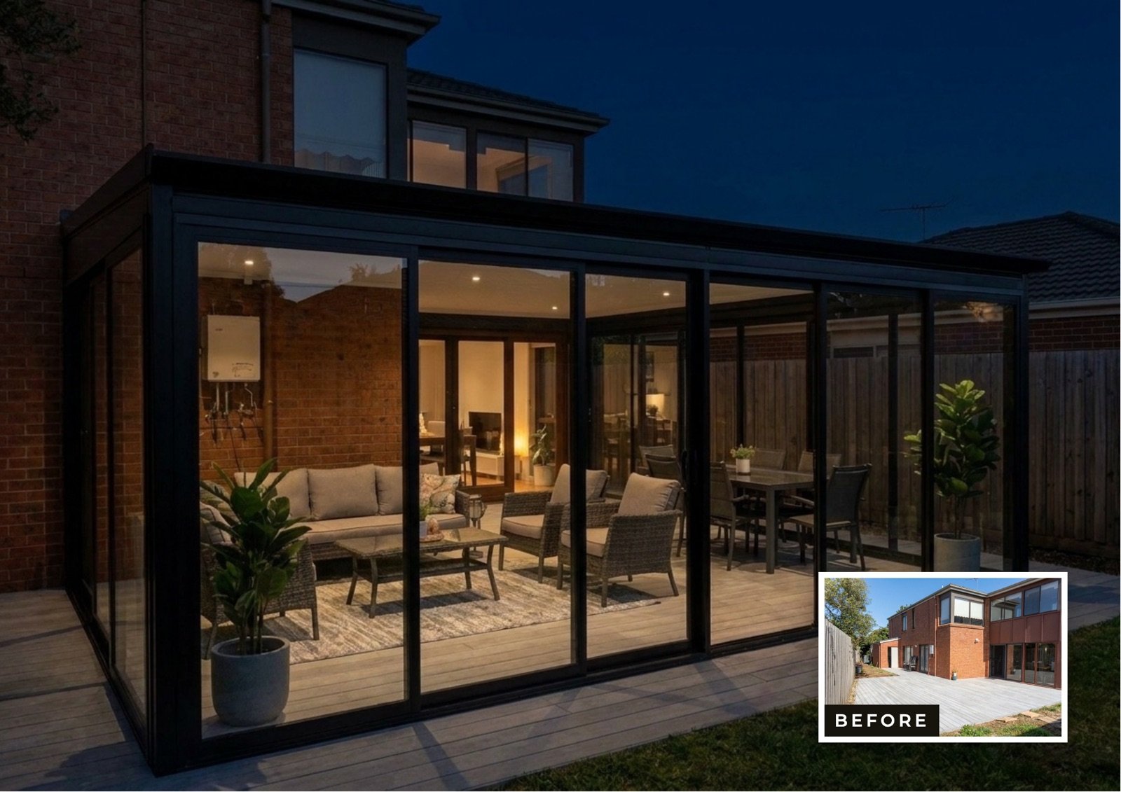 Veranda and outdoor room installation in Melbourne — before, day and night