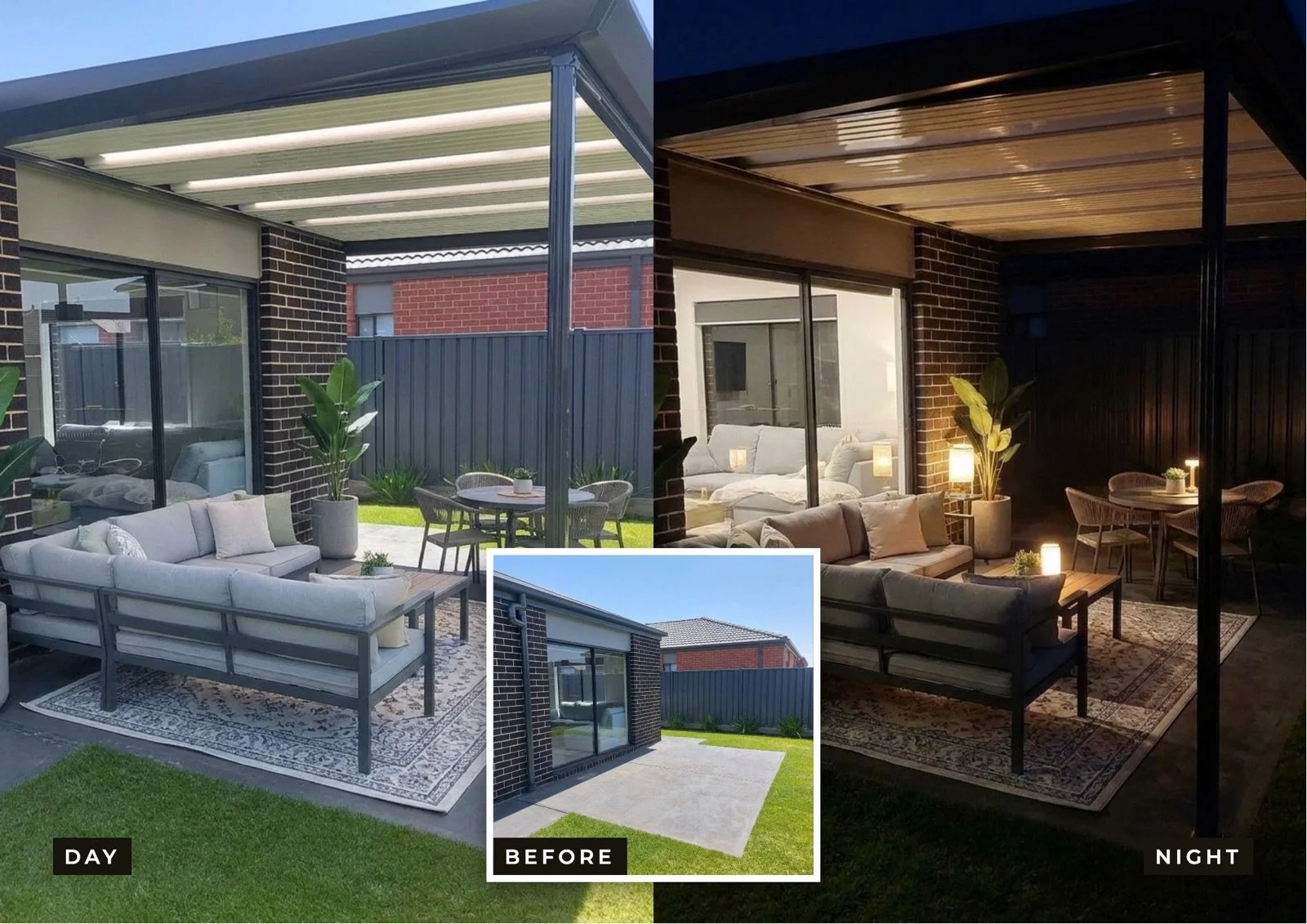 Veranda and outdoor room installation in Melbourne — before, day and night