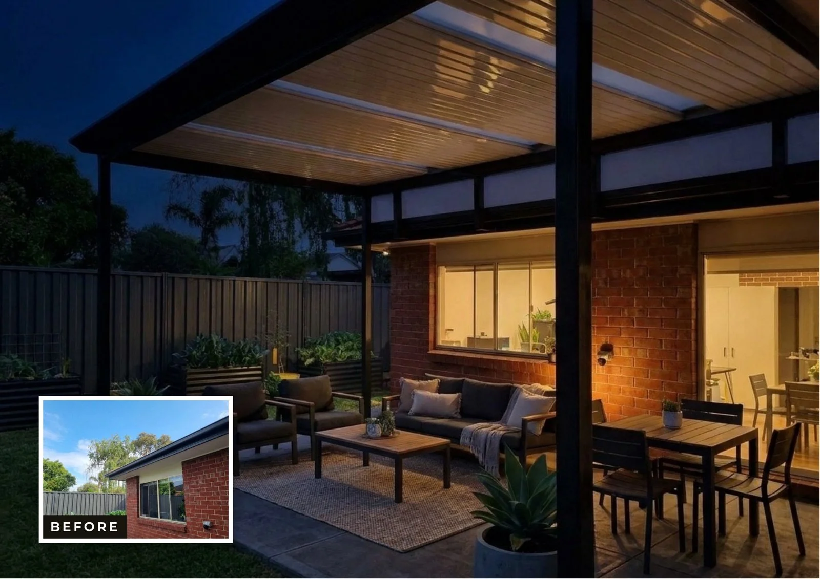 Veranda and outdoor room installation in Melbourne — before, day and night