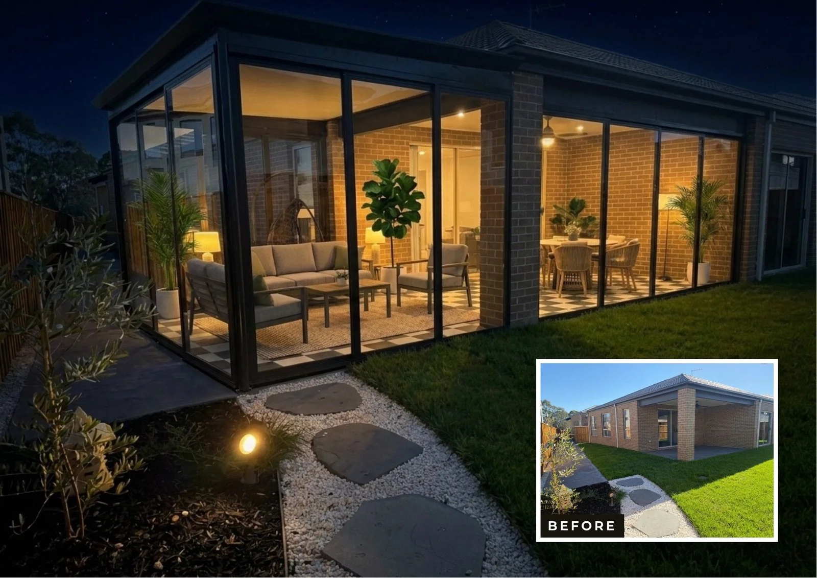 Veranda and outdoor room installed at 102 Bankside Dr Rowville — before, day and night