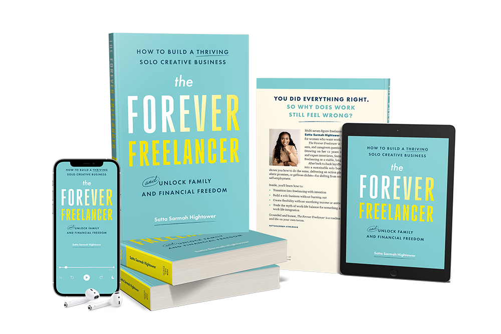 The Forever Freelancer book mockup showing the book, phone, tablet, and companion materials