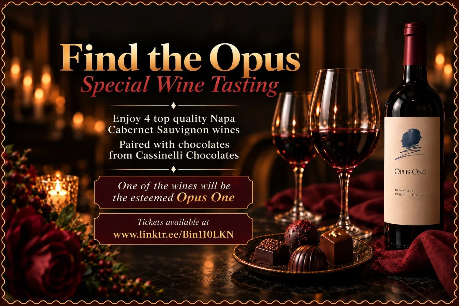 Find the Opus blind Napa Cabernet tasting event graphic at Bin 110 in Cornelius, NC.