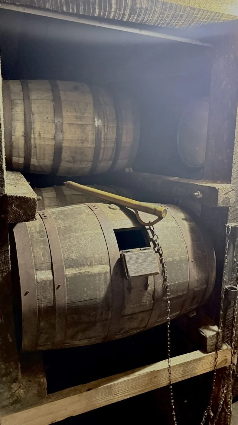 Parker Beam's whiskey thief resting on a barrel in the ricks at Heaven Hill in Bardstown, Kentucky.