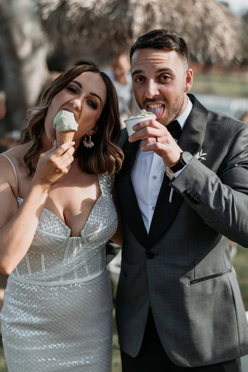 Bride and groom enjoying their gelato