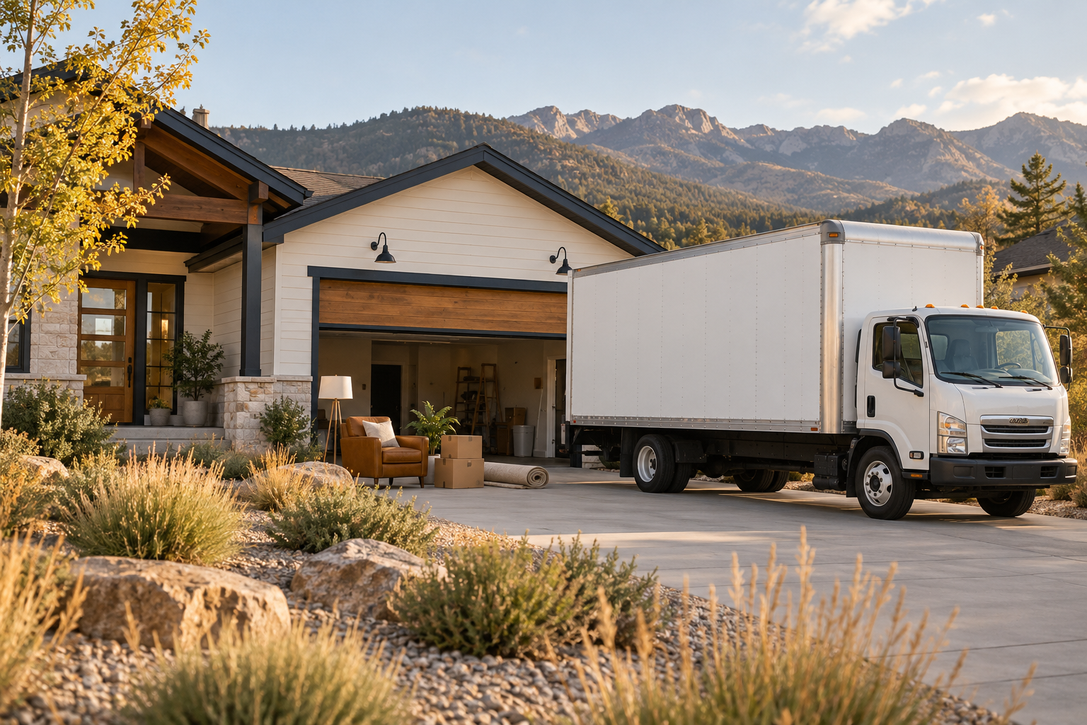 Colorado-inspired home and unbranded box truck, with household items ready for removal
