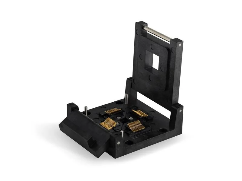 Azimuth Electronics specialized clamshell burn-in socket, lid open