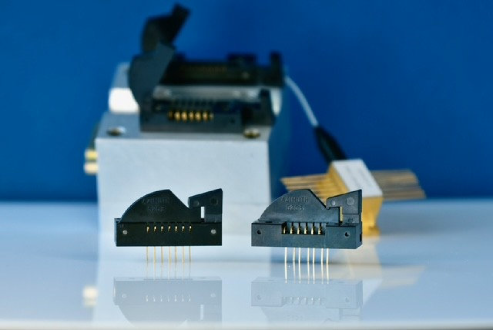 Close-up of Azimuth Electronics AZIMUTH 5253 branded IC sockets showing gold pin contacts