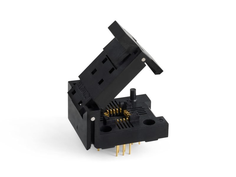 Azimuth Electronics leadless chip carrier test socket, lid open