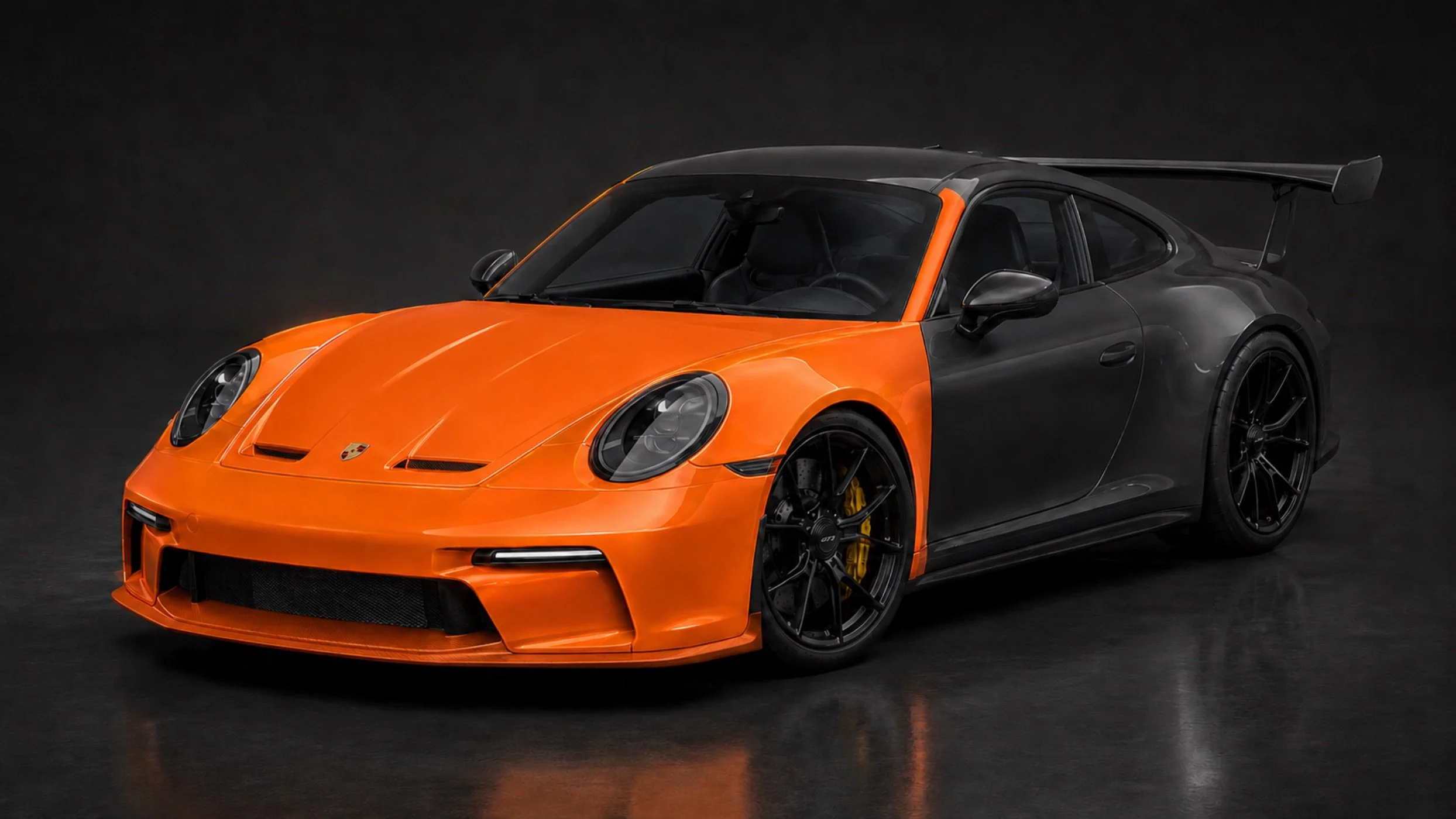 Front end paint protection film coverage shown in orange on a Porsche 911 GT3 — bonnet, front bumper and front guards protected. Autoproject NZ, Hamilton.