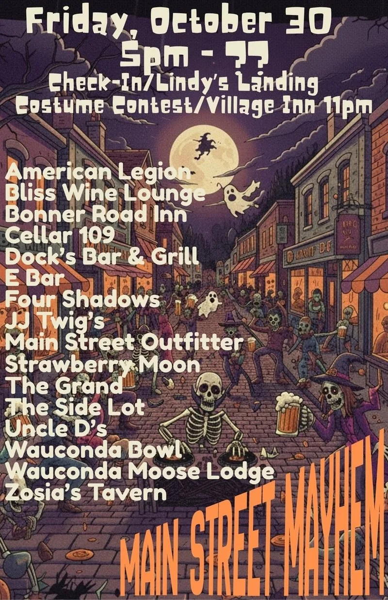 Main Street Mayhem Halloween pub crawl poster, Friday October 30 in downtown Wauconda