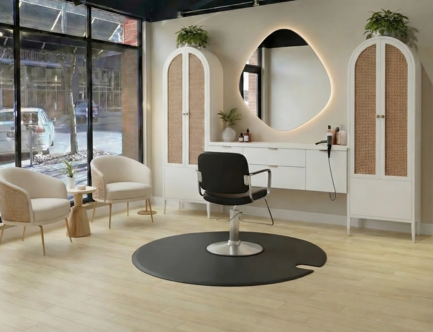 A Rooted salon suite with a styling chair, arched cane cabinets and a softly lit mirror