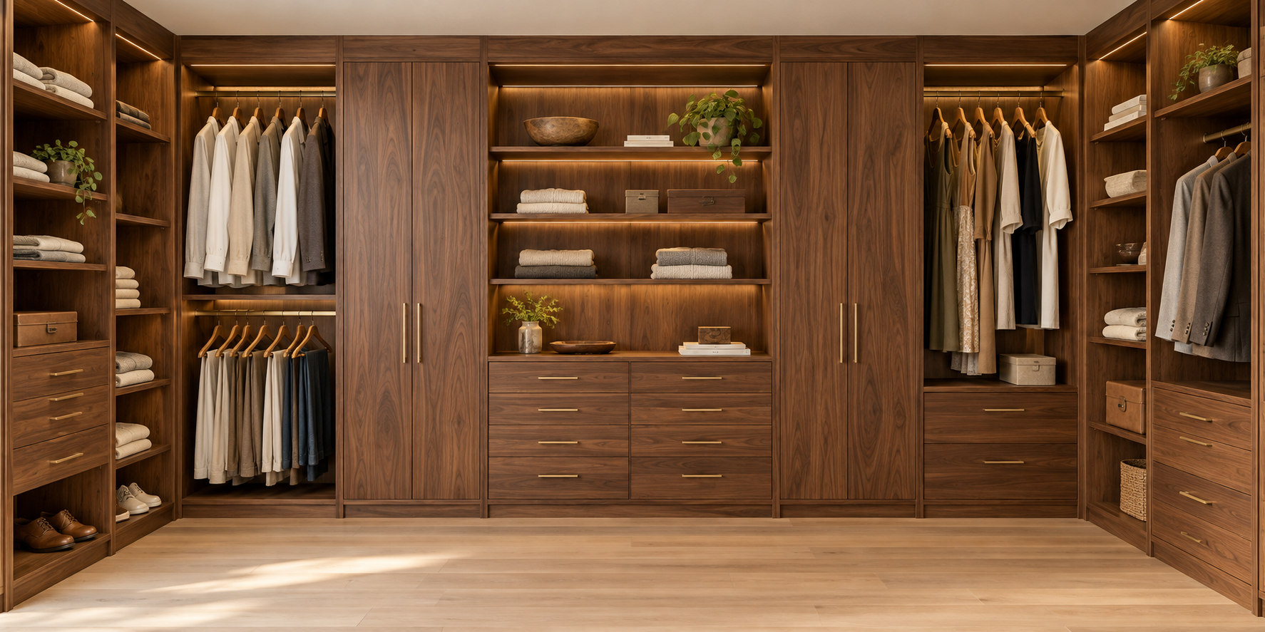 Walnut walk-in closet design concept with brass hardware and illuminated shelving