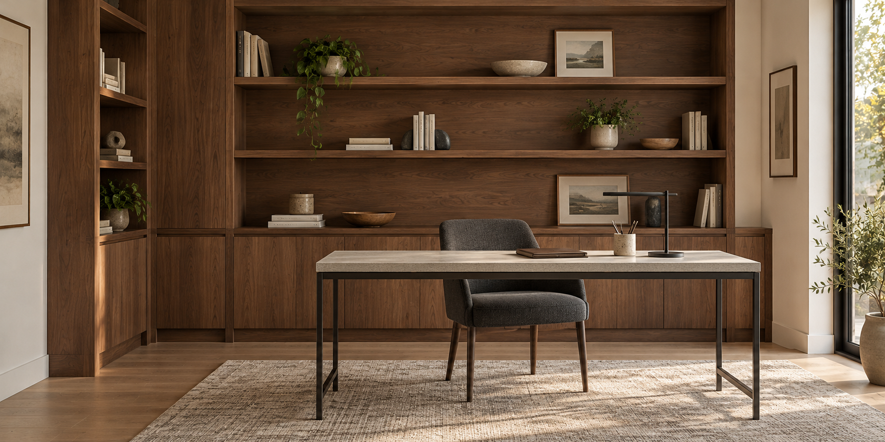 Design concept of dark walnut built-ins with a pale stone-look desk in a modern home office