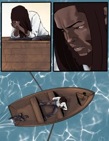 Drew alone in a rowboat after Heaven's Gate, comic panel by Bryson Boutte