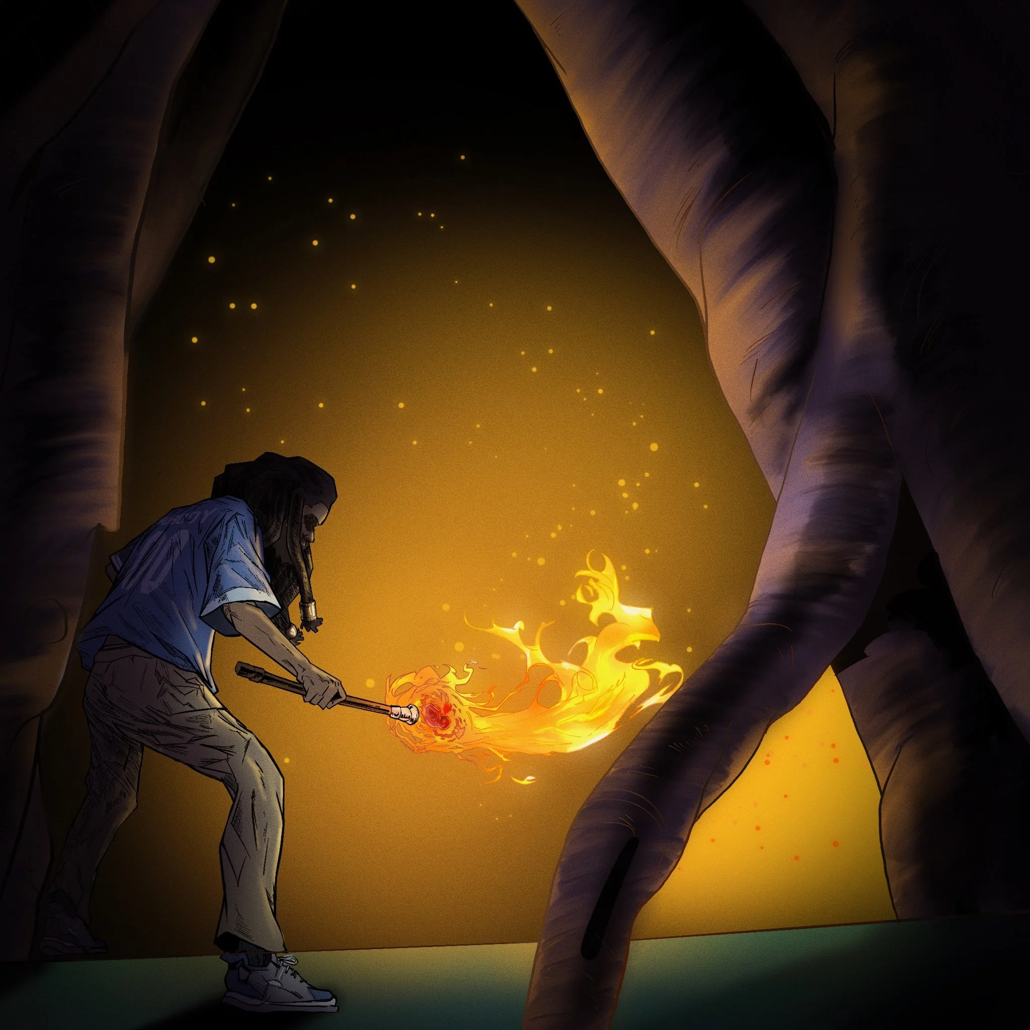 Drew's glimpse of Aaru by torchlight, comic art by Bryson Boutte