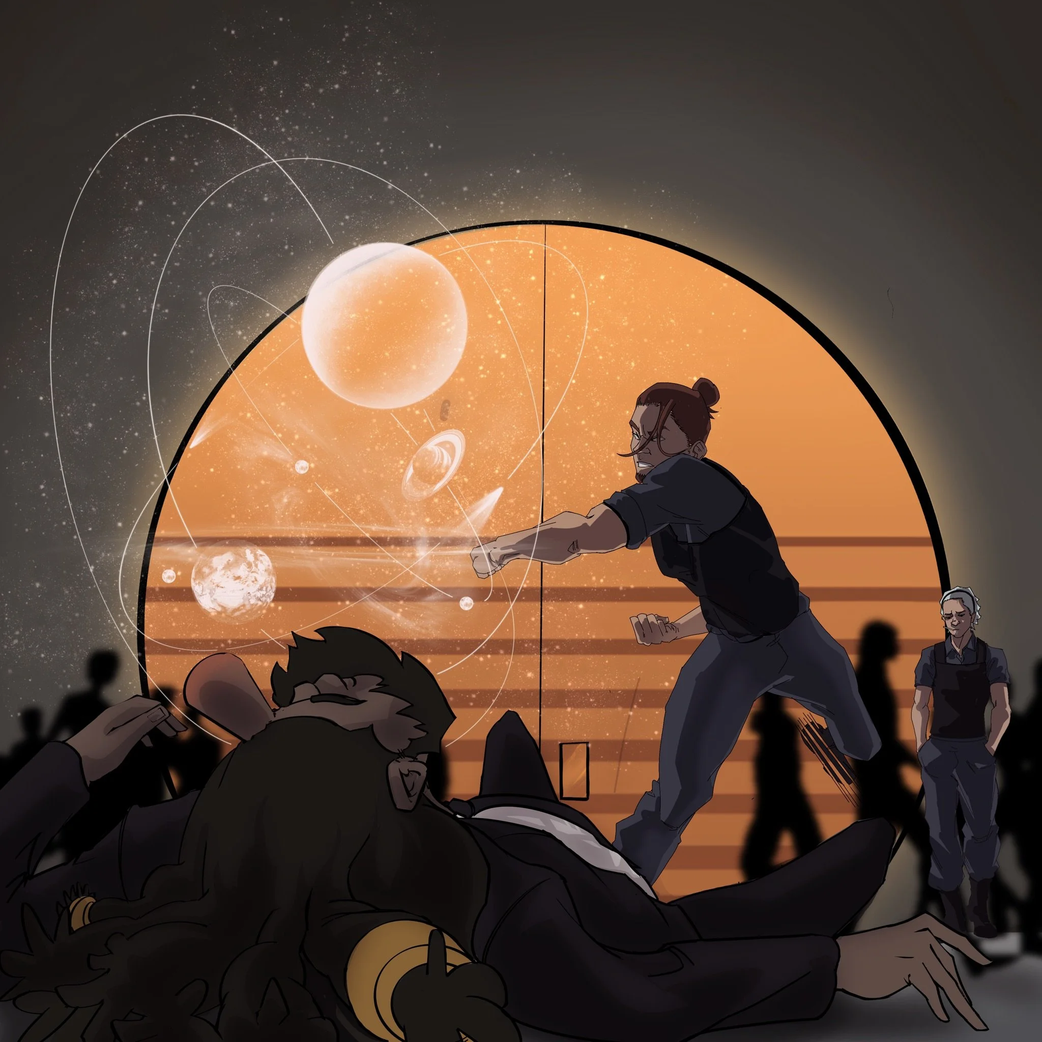 A fight breaks out in Heaven's Gate, comic panel by Bryson Boutte